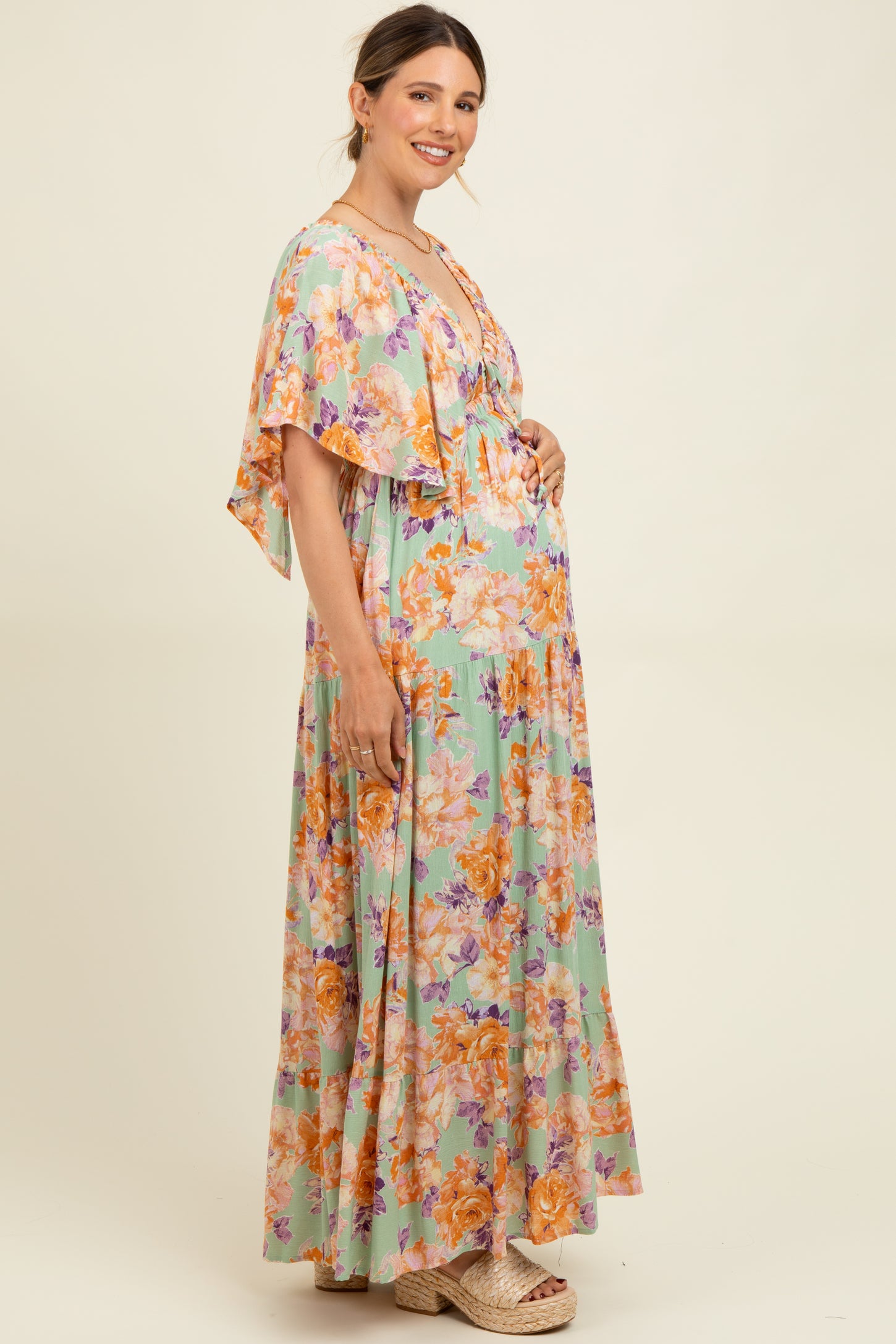 Sage Floral Flyway Sleeve V-Neck Tiered Maternity Maxi Dress
