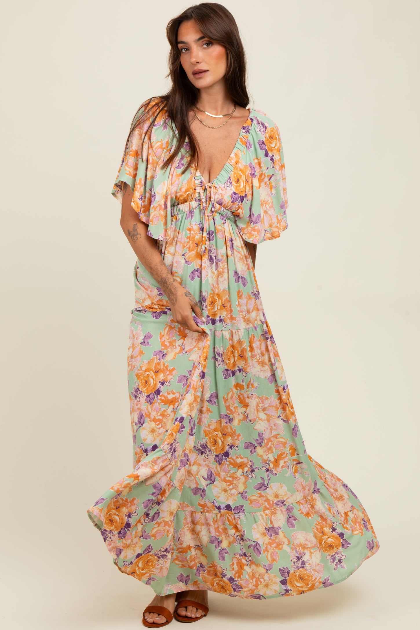 Sage Floral Flyway Sleeve V-Neck Tiered Maternity Maxi Dress