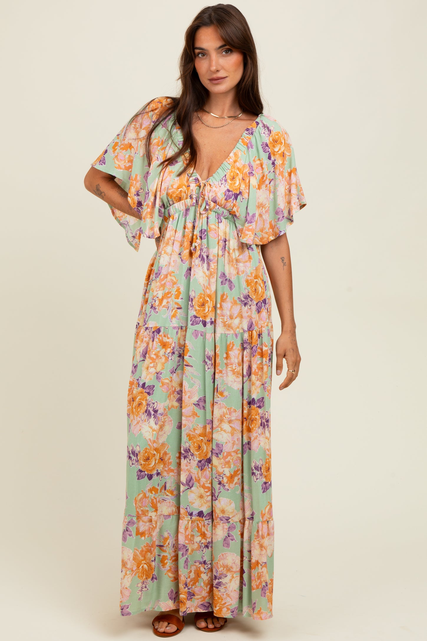 Sage Floral Flyway Sleeve V-Neck Tiered Maxi Dress