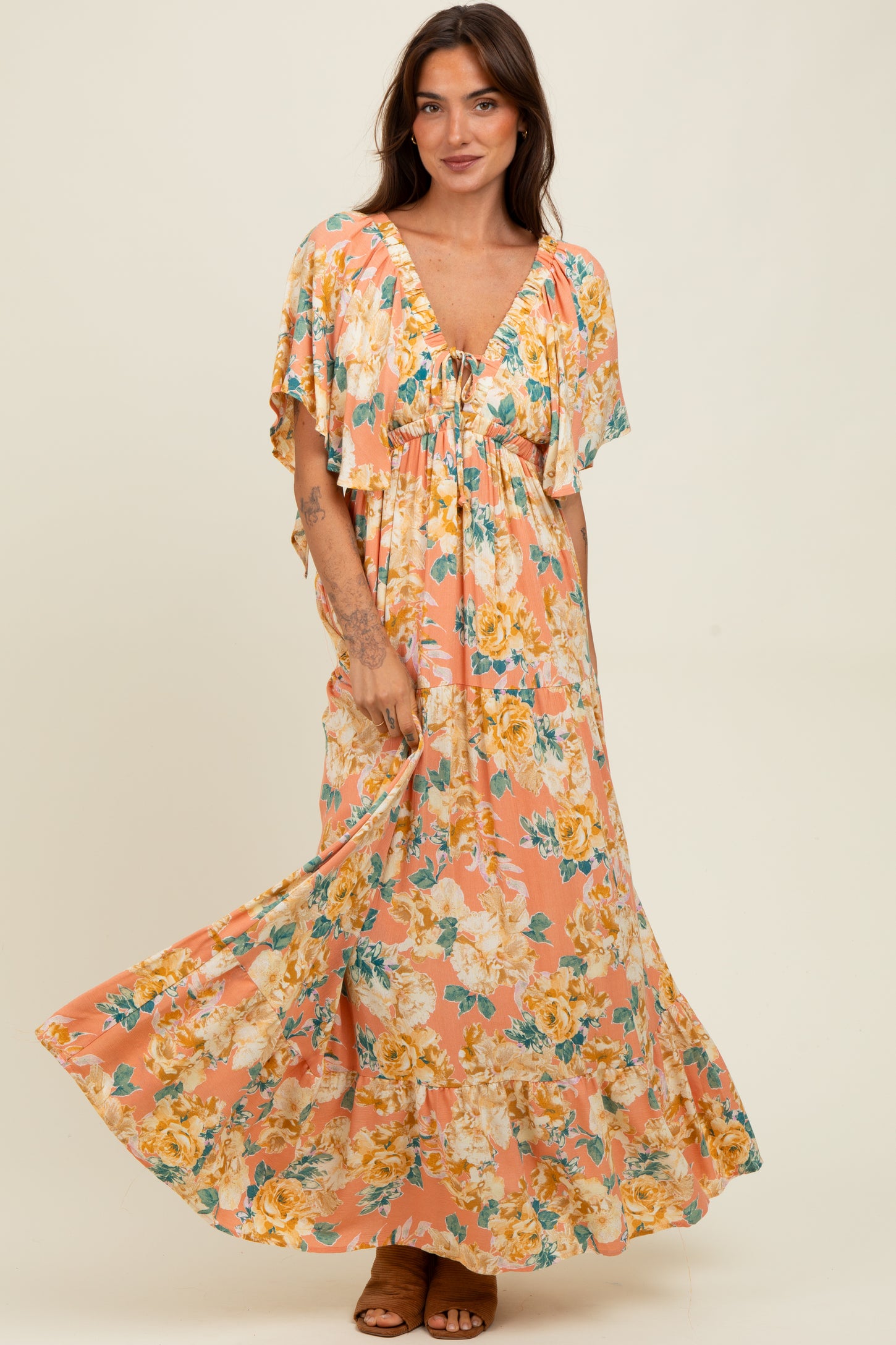 Salmon Floral Flyway Sleeve V-Neck Tiered Maxi Dress