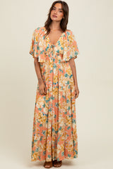 Salmon Floral Flyway Sleeve V-Neck Tiered Maxi Dress
