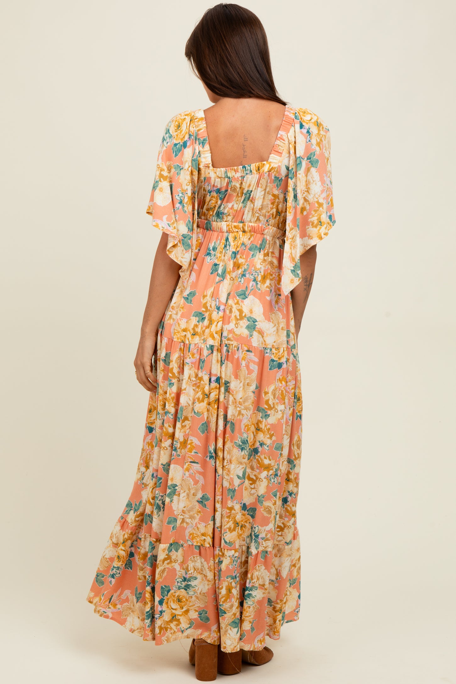 Salmon Floral Flyway Sleeve V-Neck Tiered Maxi Dress