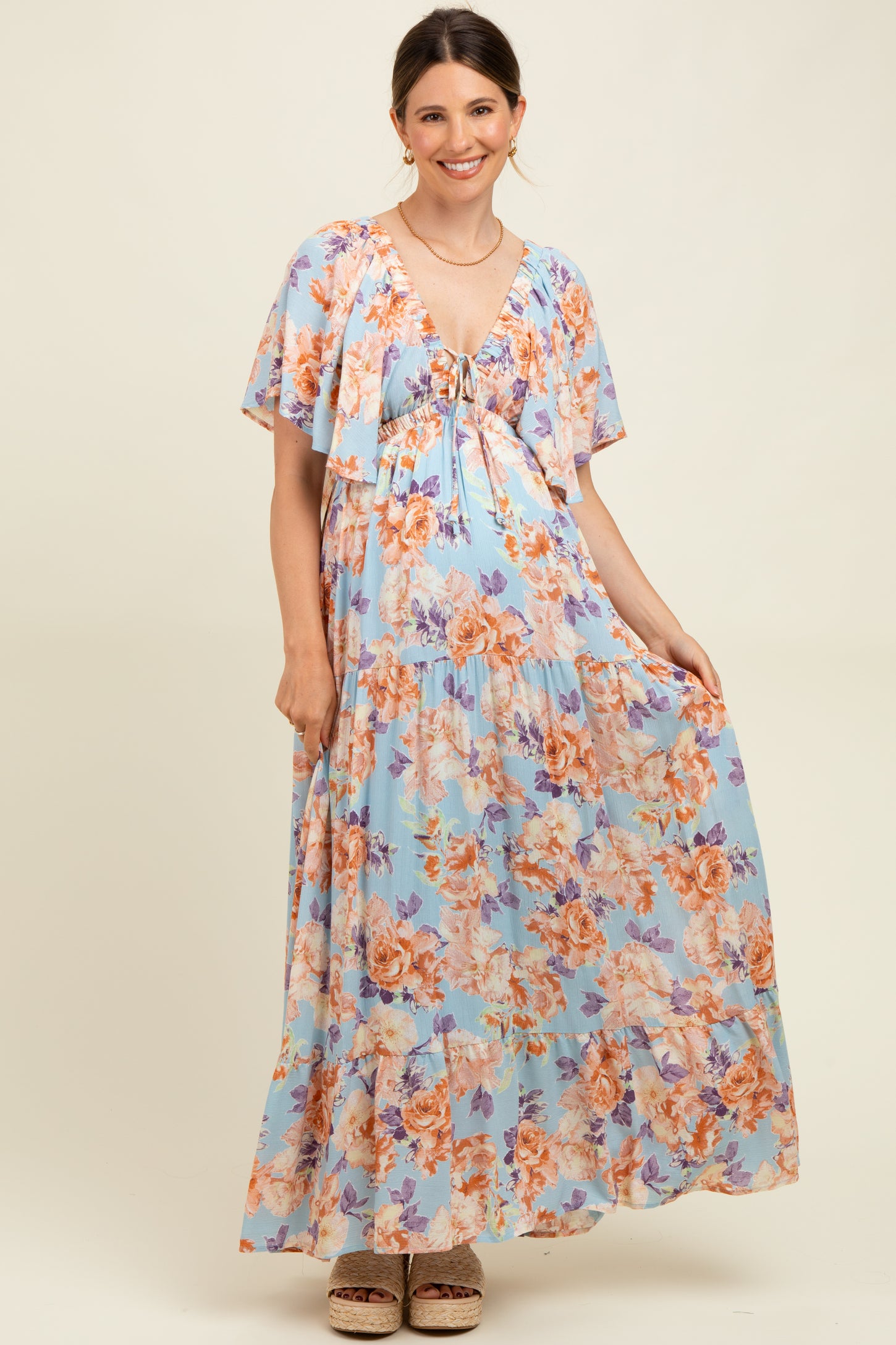 Light Blue Floral Flyway Sleeve V-Neck Tiered Maternity Maxi Dress