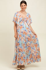 Light Blue Floral Flyway Sleeve V-Neck Tiered Maternity Maxi Dress