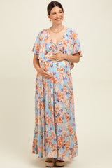 Light Blue Floral Flyway Sleeve V-Neck Tiered Maternity Maxi Dress