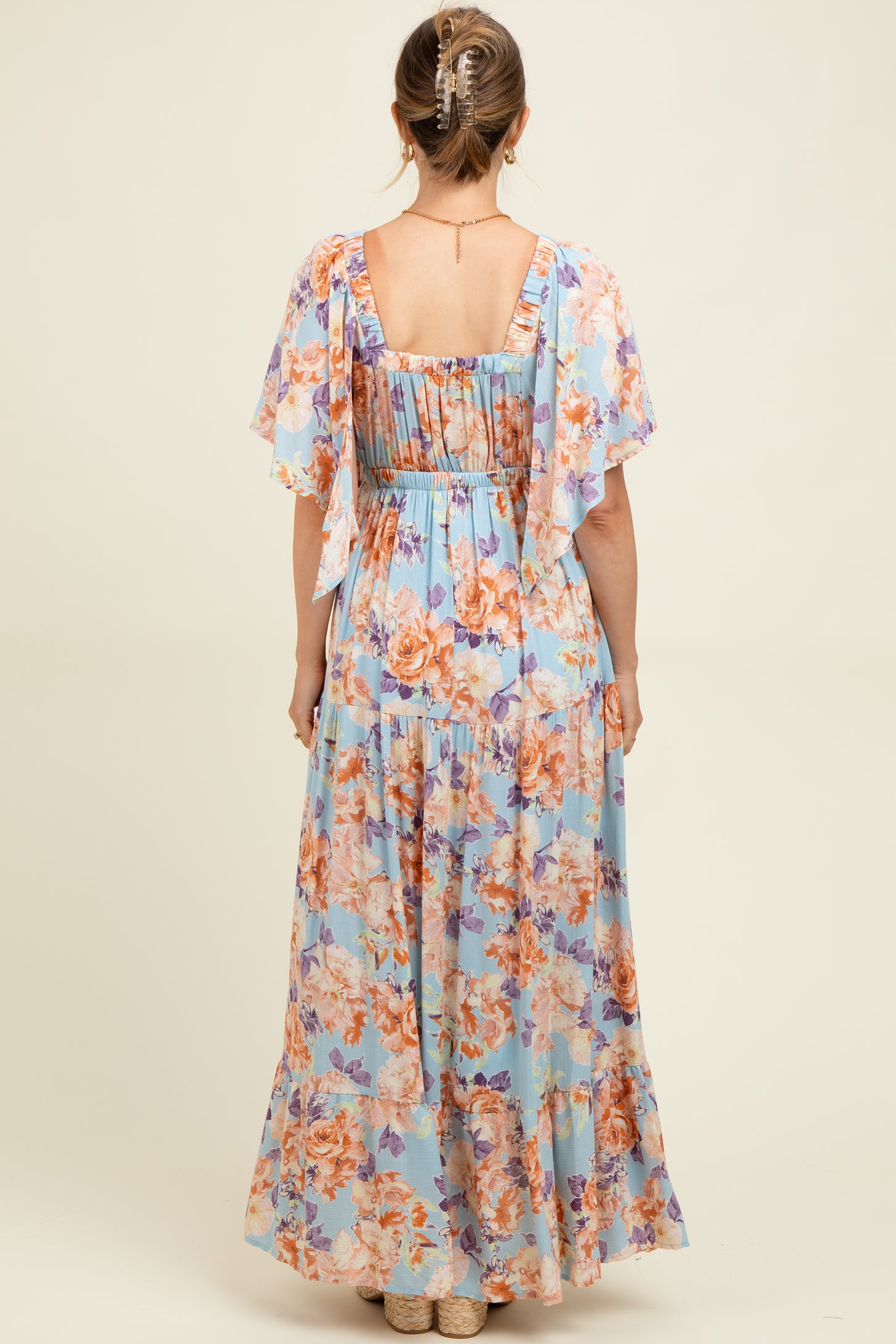 Light Blue Floral Flyway Sleeve V-Neck Tiered Maternity Maxi Dress
