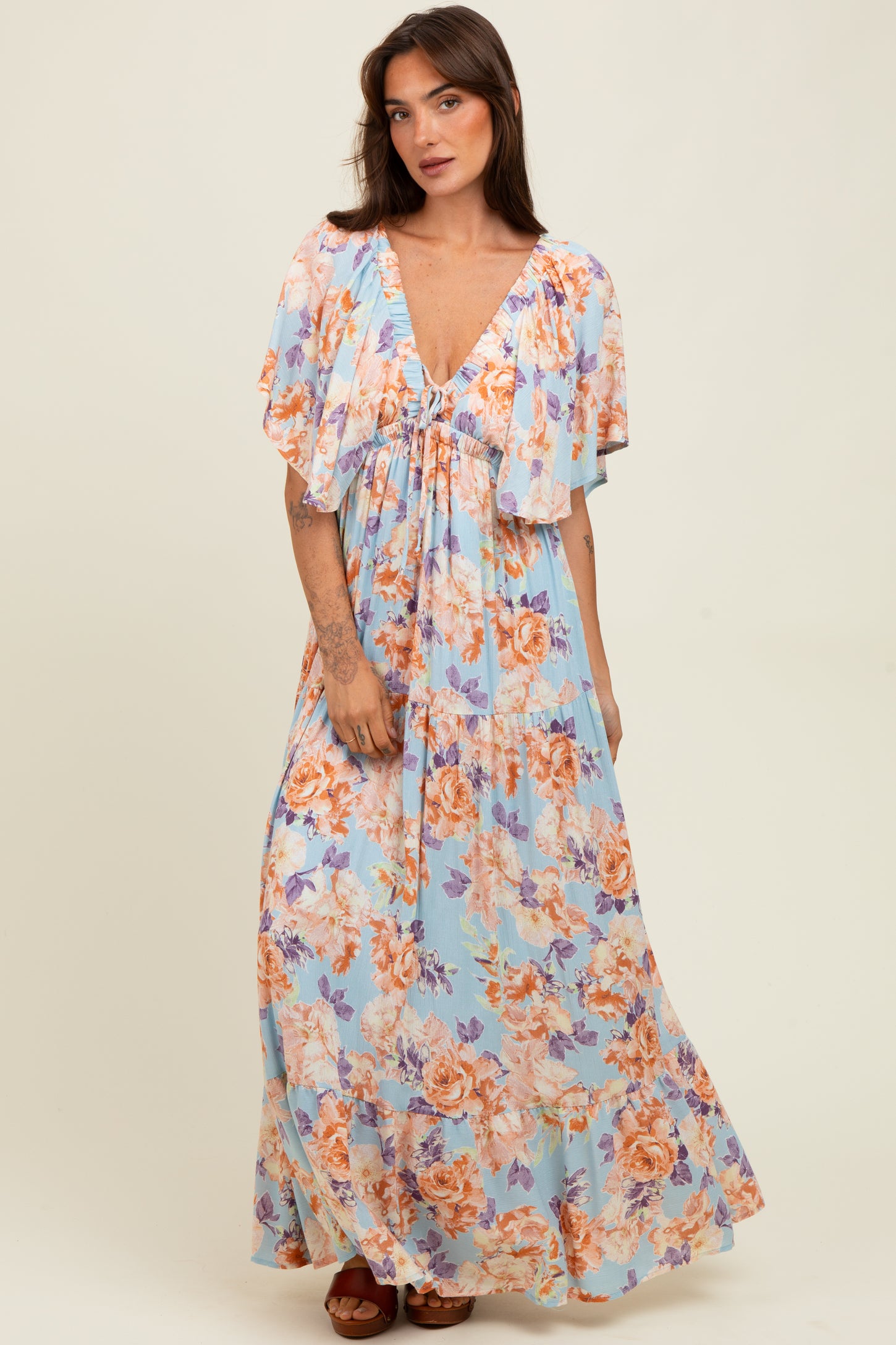 Light Blue Floral Flyway Sleeve V-Neck Tiered Maternity Maxi Dress