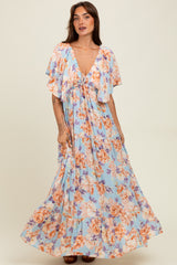 Light Blue Floral Flyway Sleeve V-Neck Tiered Maxi Dress