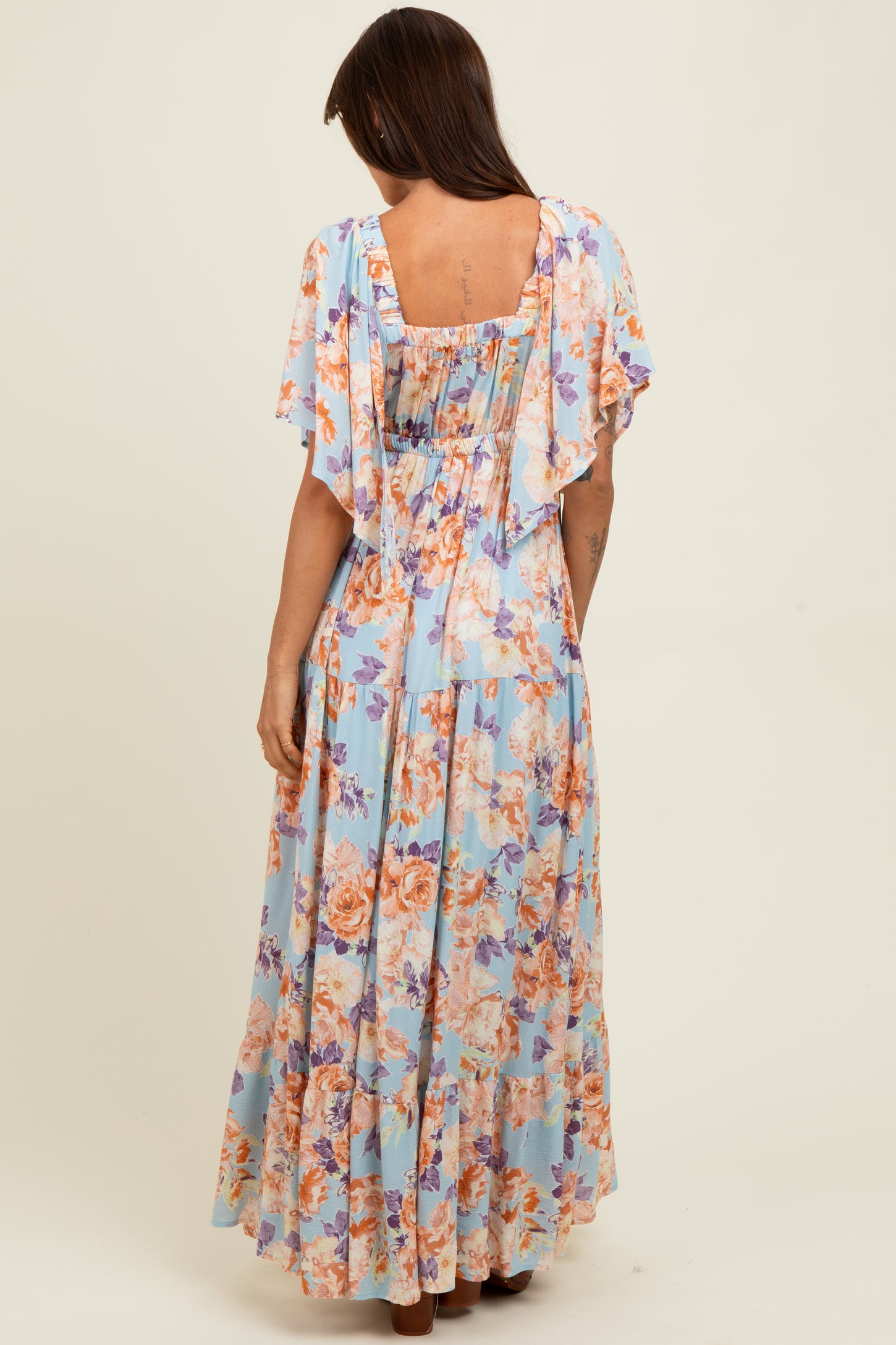 Light Blue Floral Flyway Sleeve V-Neck Tiered Maxi Dress