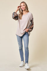 Beige Floral Ribbed Knit Colorblock Long Sleeve Top