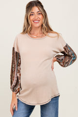 Beige Floral Ribbed Knit Colorblock Maternity Long Sleeve Top