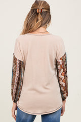 Beige Floral Ribbed Knit Colorblock Maternity Long Sleeve Top