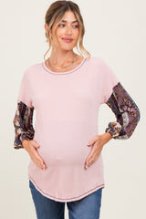 Light Pink Floral Ribbed Knit Colorblock Maternity Long Sleeve Top