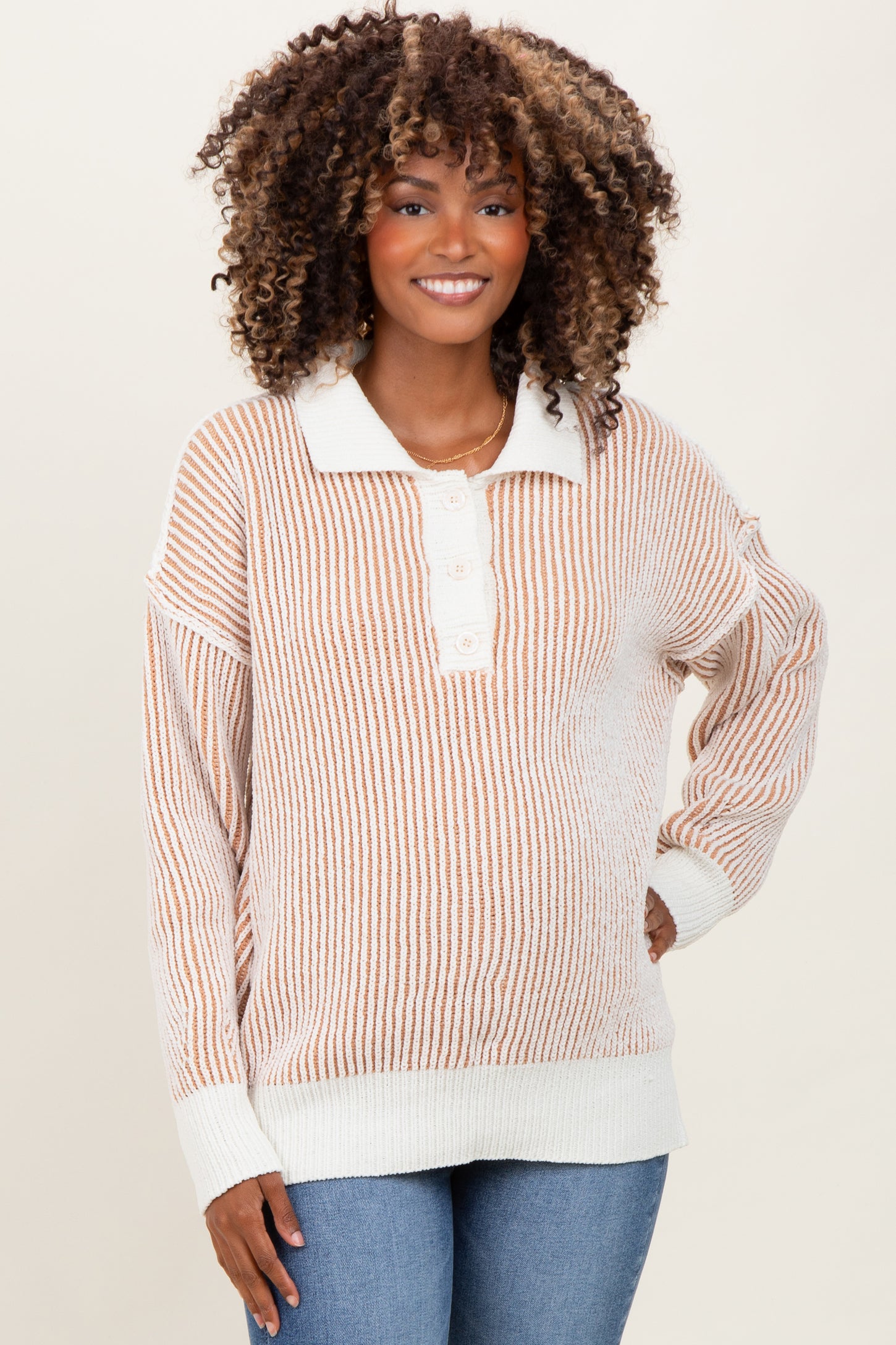 Camel Two Tone Stripe Textured Henley Neck Maternity Sweater Top