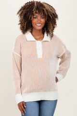 Camel Two Tone Stripe Textured Henley Neck Maternity Sweater Top