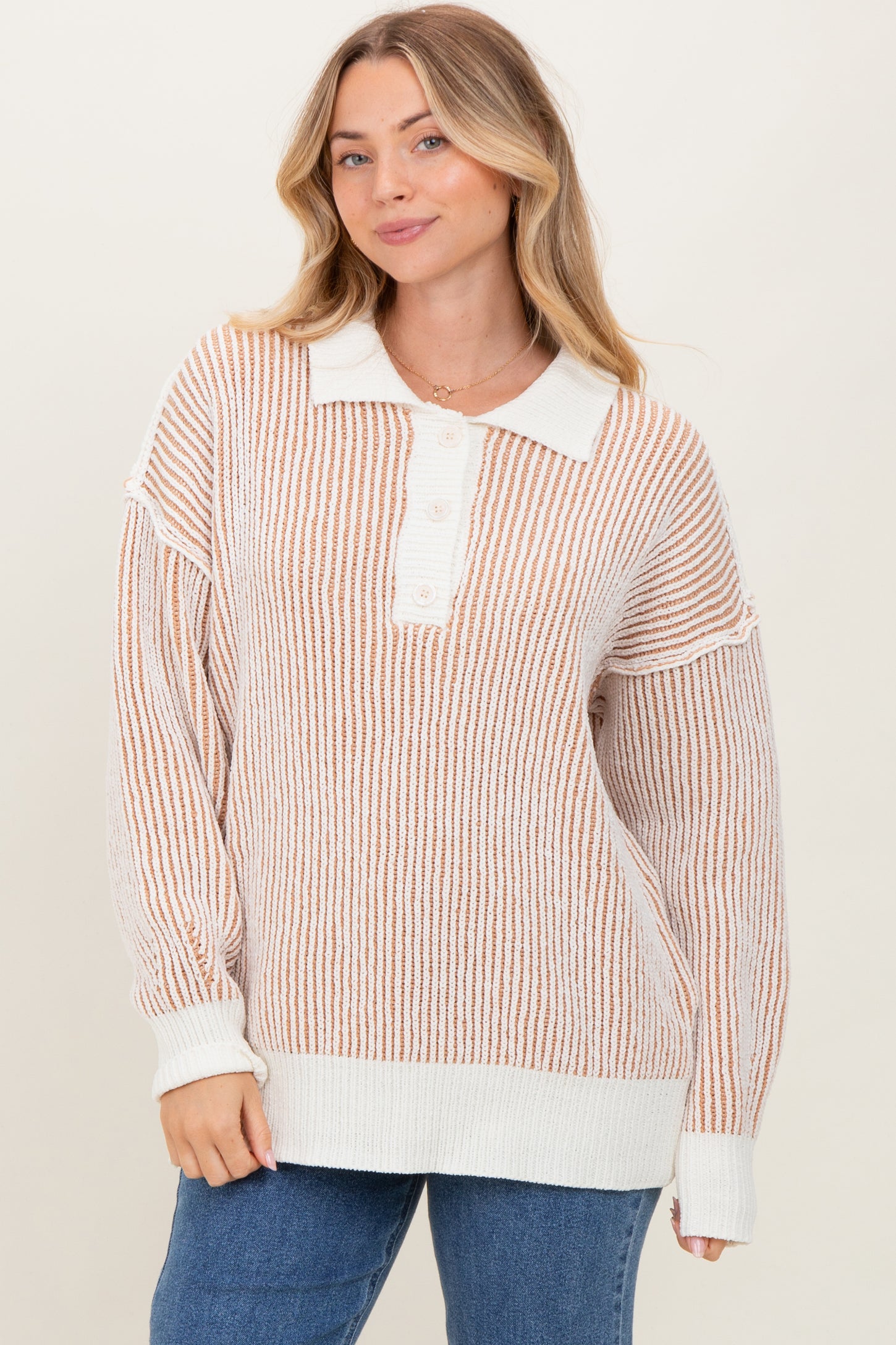 Camel Two Tone Stripe Textured Henley Neck Maternity Sweater Top