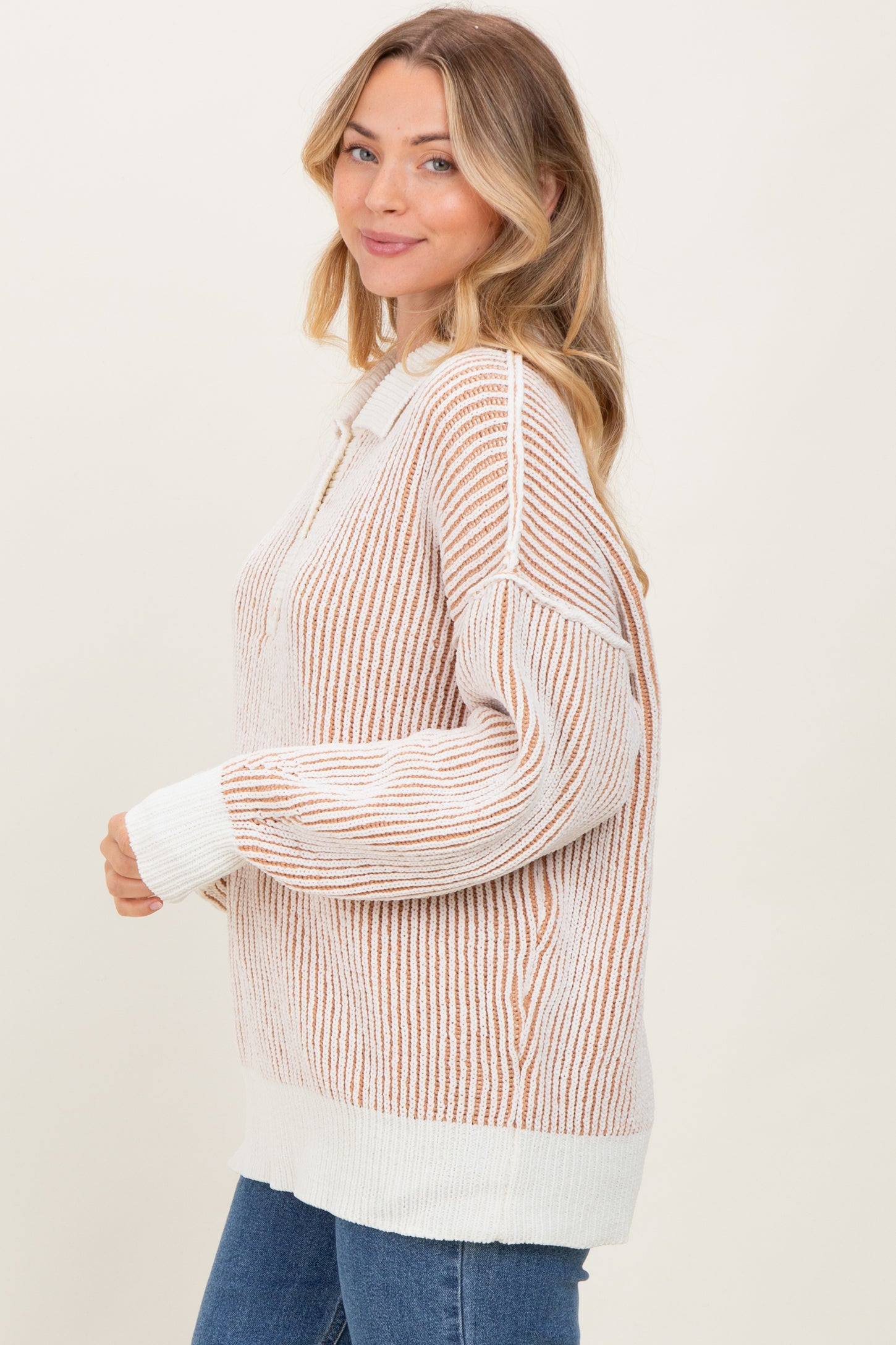 Camel Two Tone Stripe Textured Henley Neck Sweater Top