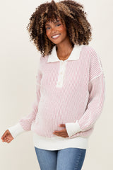 Light Pink Two Tone Stripe Textured Henley Neck Maternity Sweater Top