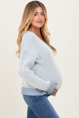 Blue Two Tone Ribbed V-Neck Chenille Maternity Sweater