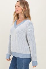 Blue Two Tone Ribbed V-Neck Chenille Maternity Sweater