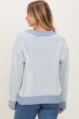 Blue Two Tone Ribbed V-Neck Chenille Maternity Sweater