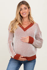 Rust Two Tone Ribbed V-Neck Chenille Maternity Sweater