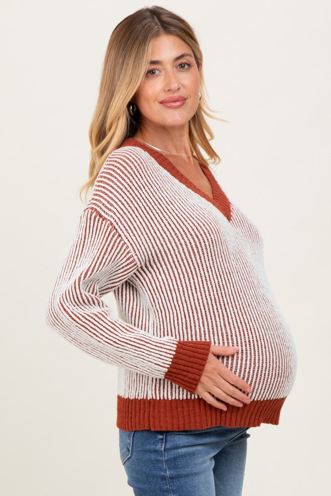 Rust Two Tone Ribbed V-Neck Chenille Maternity Sweater
