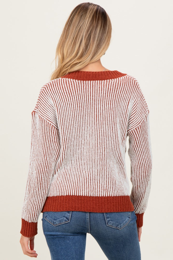 Rust Two Tone Ribbed V-Neck Chenille Maternity Sweater