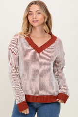 Rust Two Tone Ribbed V-Neck Chenille Maternity Sweater