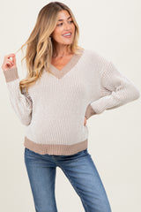 Mocha Two Tone Ribbed V-Neck Chenille Maternity Sweater