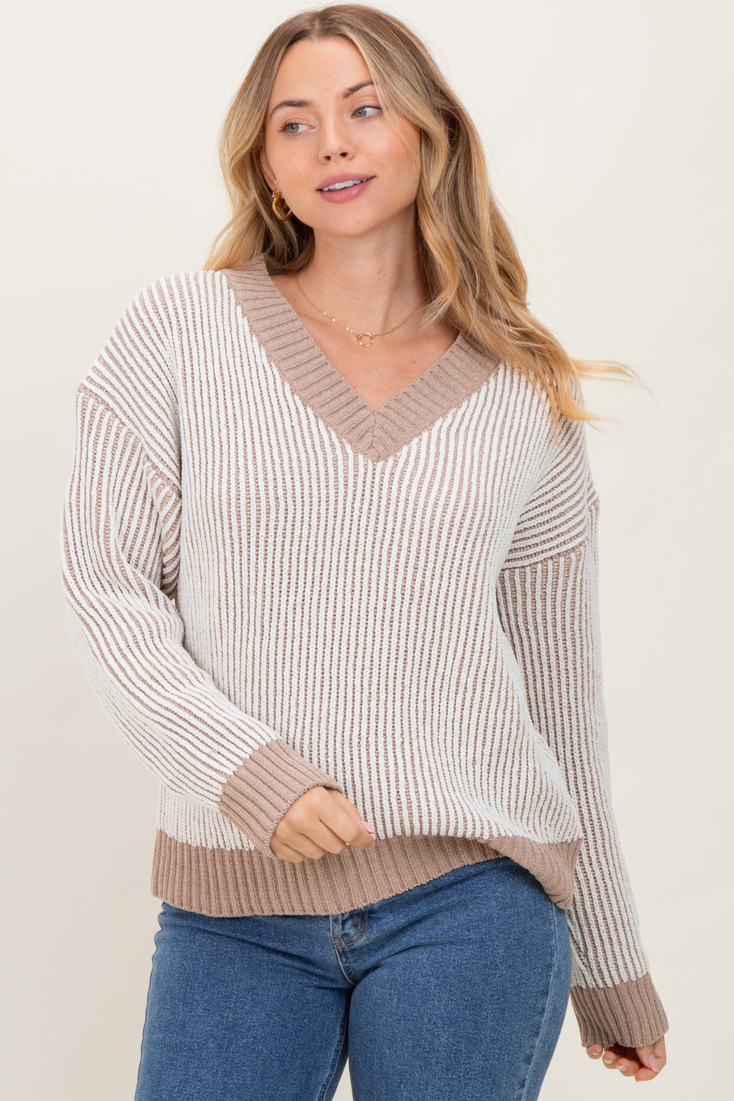 Mocha Two Tone Ribbed V-Neck Chenille Maternity Sweater