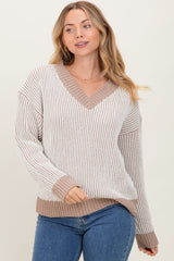 Mocha Two Tone Ribbed V-Neck Chenille Maternity Sweater