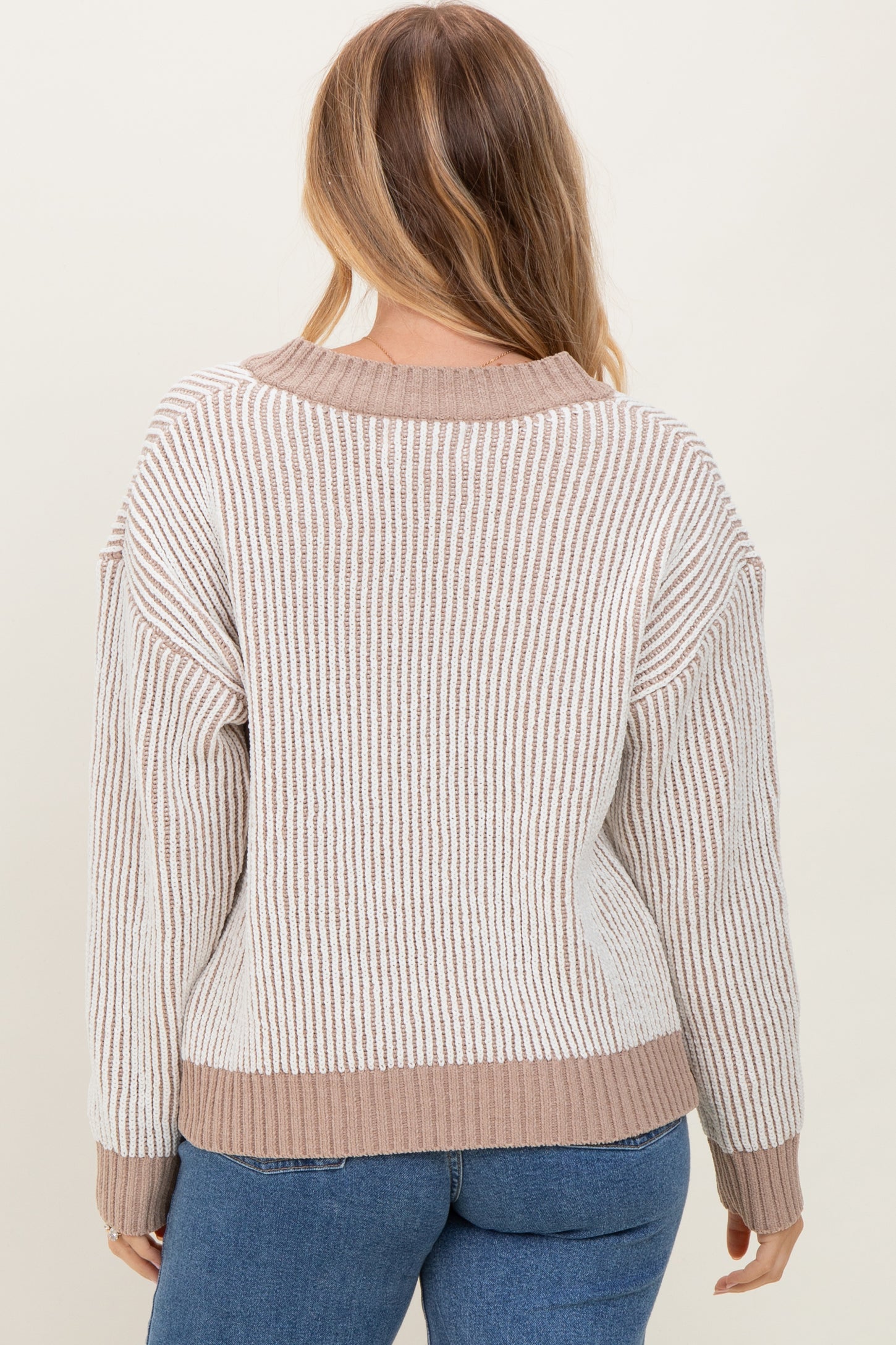 Mocha Two Tone Ribbed V-Neck Chenille Maternity Sweater