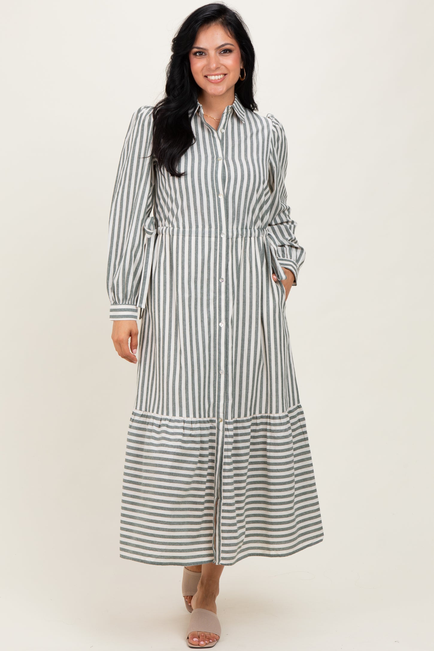 Green Striped Collared Button Down Waist Tie Maternity Maxi Dress