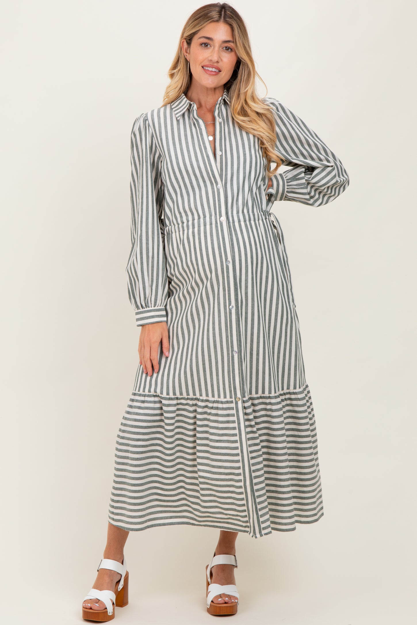 Green Striped Collared Button Down Waist Tie Maternity Maxi Dress