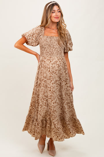 Mocha Leaf Print Smocked Square Neck Puff Sleeve Maternity Maxi Dress
