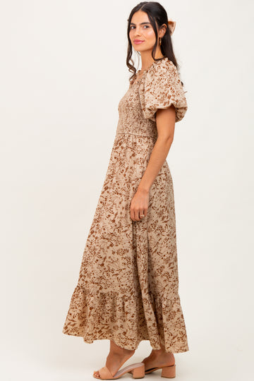 Mocha Leaf Print Smocked Square Neck Puff Sleeve Maxi Dress
