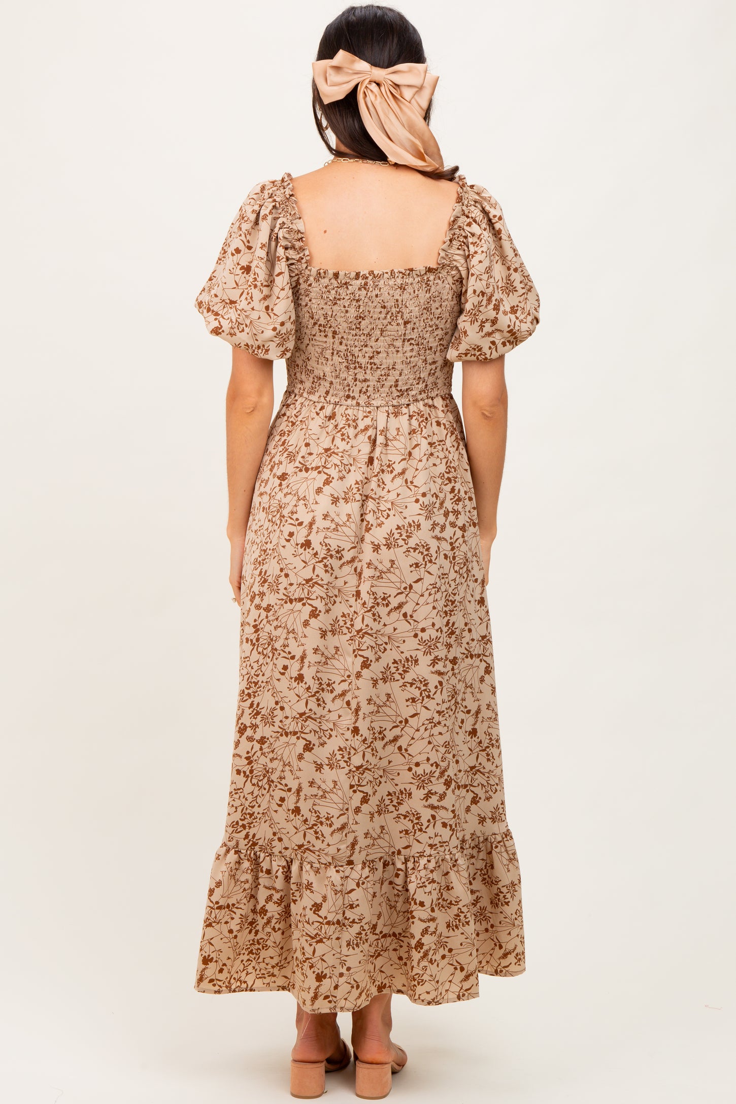 Mocha Leaf Print Smocked Square Neck Puff Sleeve Maxi Dress