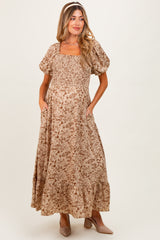 Mocha Leaf Print Smocked Square Neck Puff Sleeve Maternity Maxi Dress