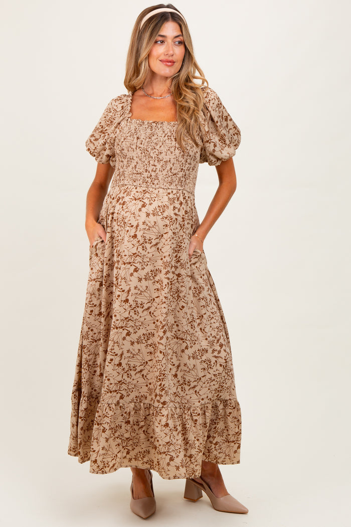 Mocha Leaf Print Smocked Square Neck Puff Sleeve Maternity Maxi Dress