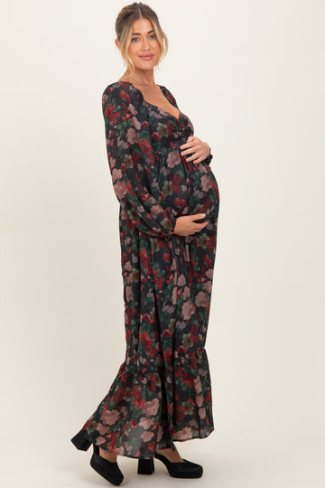 Black Floral Long Balloon Sleeve Sweetheart Neck Maternity Maxi Dress