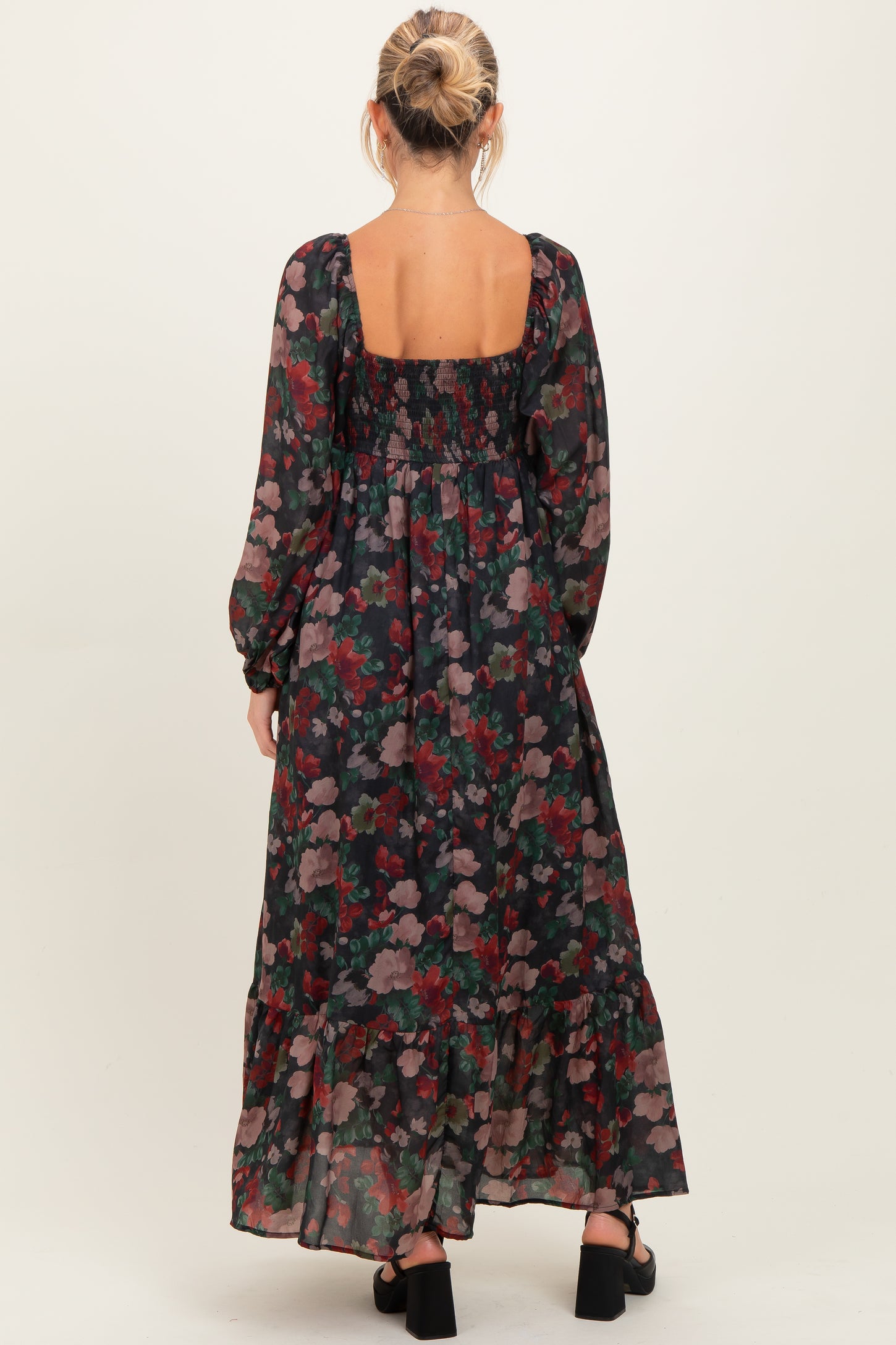 Black Floral Long Balloon Sleeve Sweetheart Neck Maternity Maxi Dress