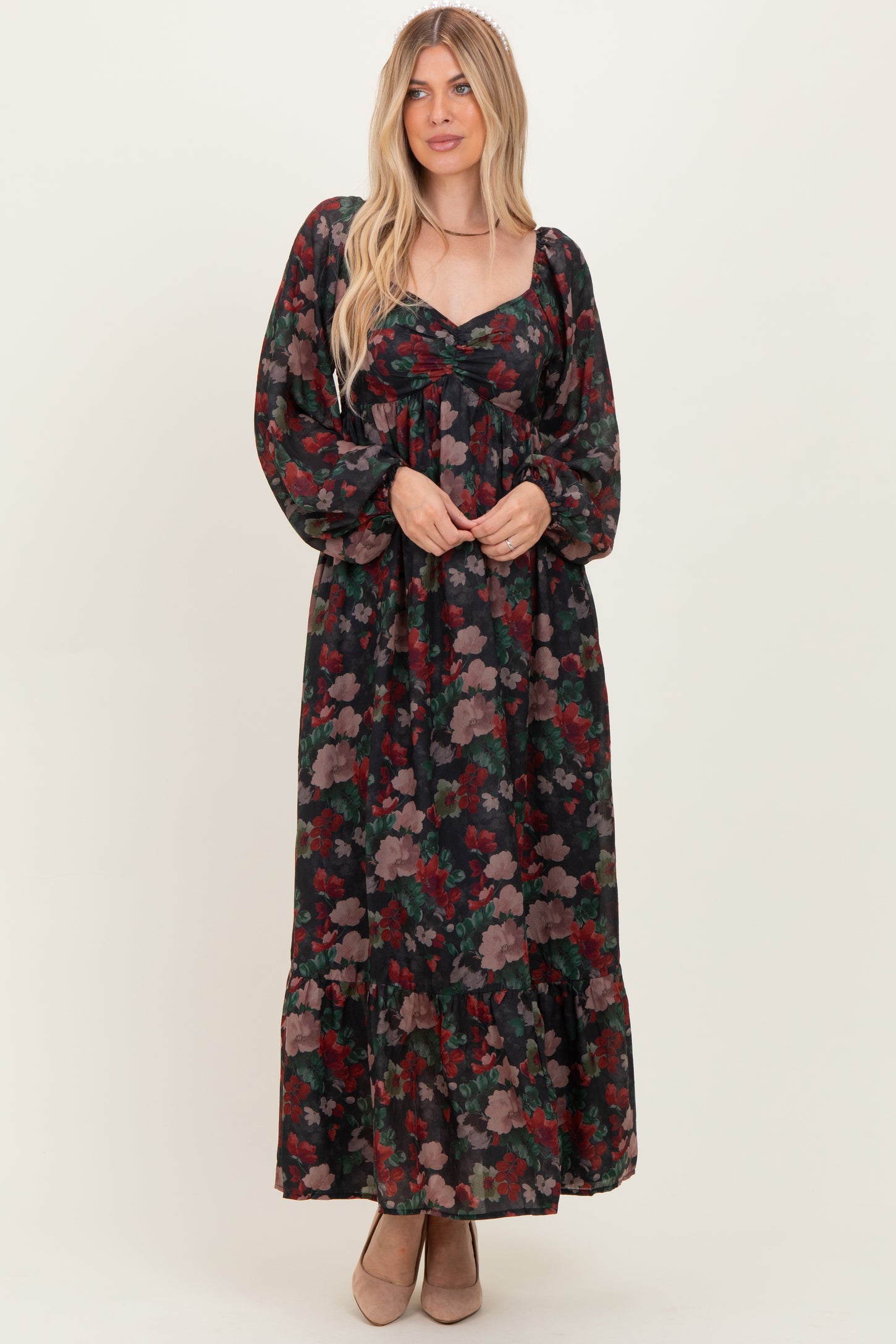 Black Floral Long Balloon Sleeve Sweetheart Neck Maternity Maxi Dress