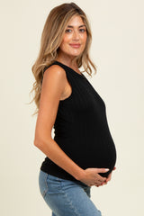Black Textured Rib Ruffle Detail Maternity Tank Top