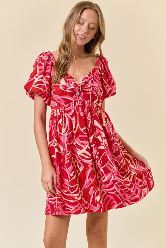 Red Printed Twisted Front Mini Dress