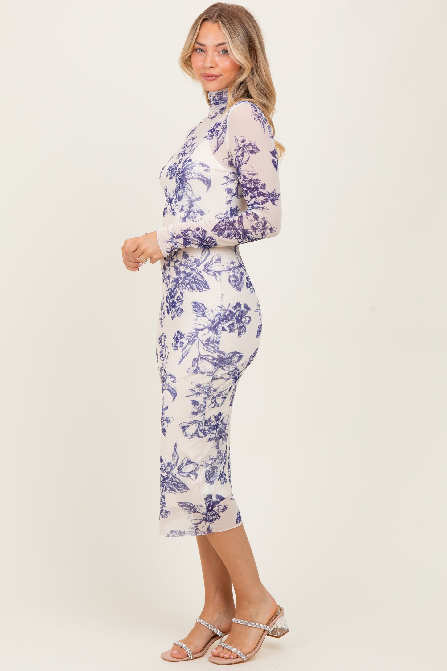 Ivory Floral Mesh Mock Neck Long Sleeve Midi Dress