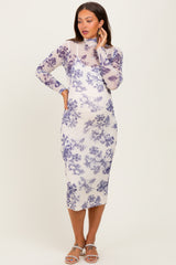 Ivory Floral Mesh Mock Neck Long Sleeve Maternity Midi Dress