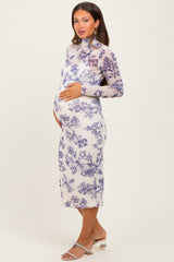 Ivory Floral Mesh Mock Neck Long Sleeve Maternity Midi Dress