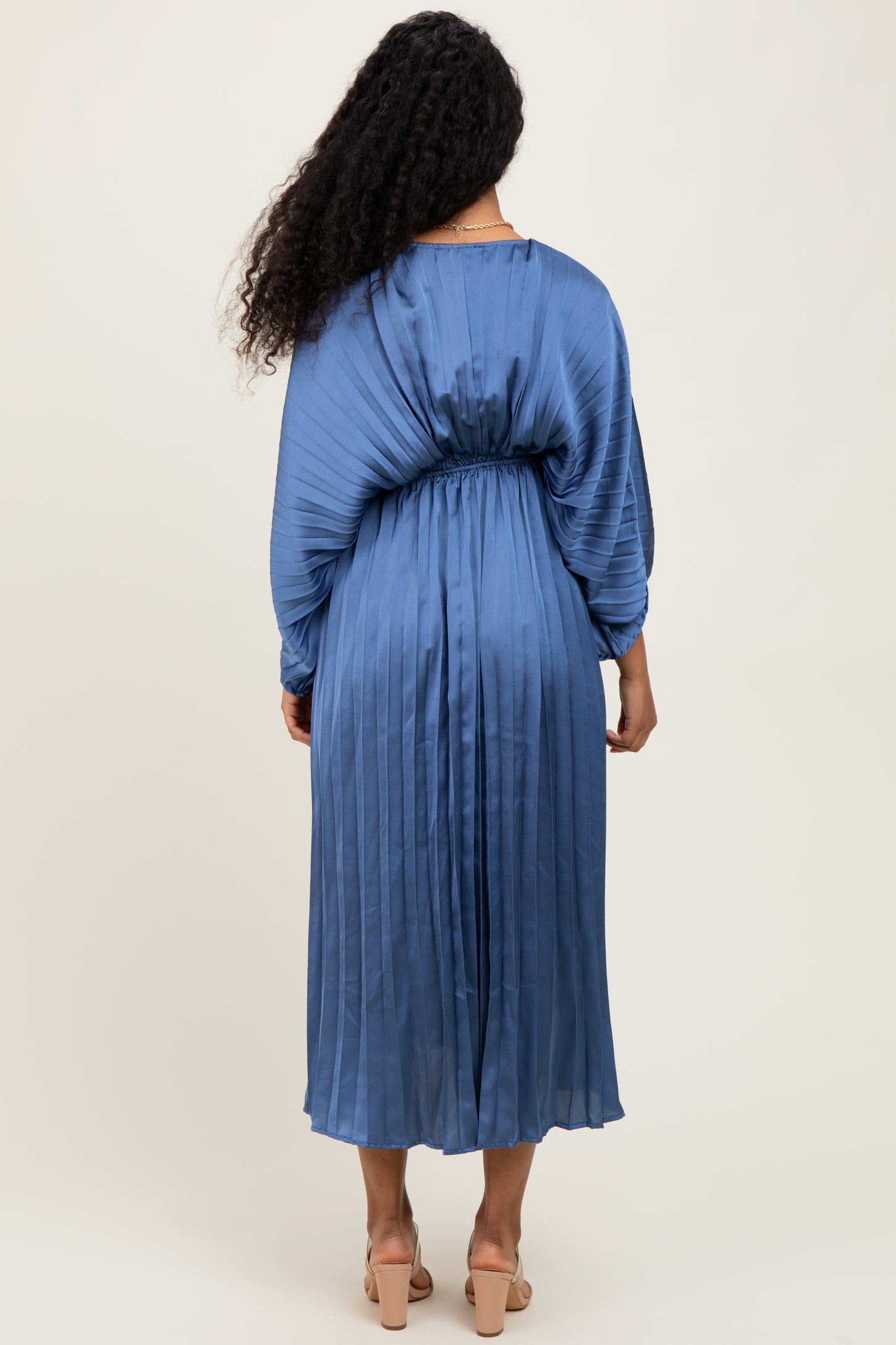 Blue Satin Pleated V-Neck Maternity Maxi Dress