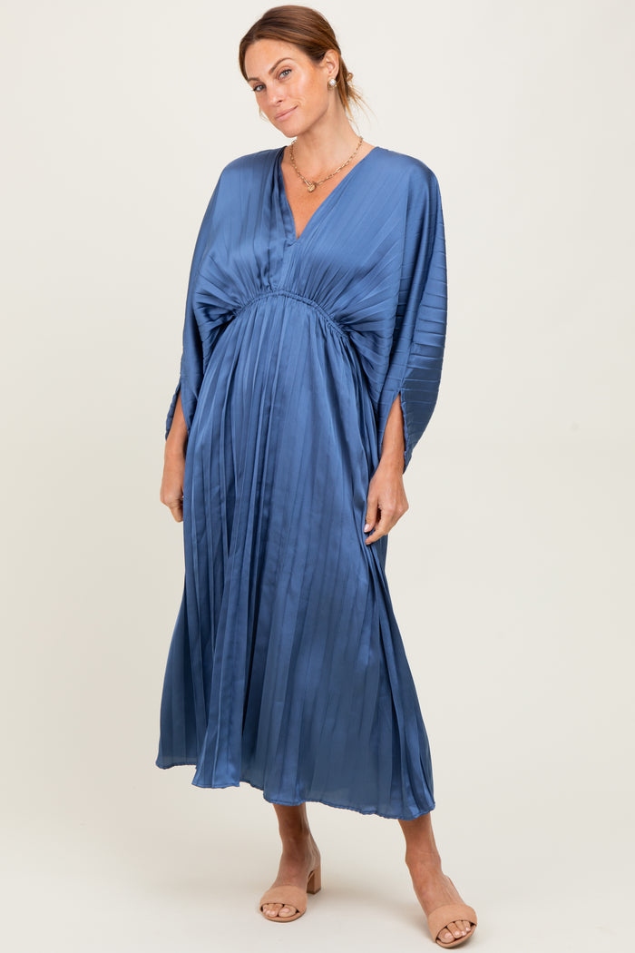 Blue Satin Pleated V-Neck Maternity Maxi Dress